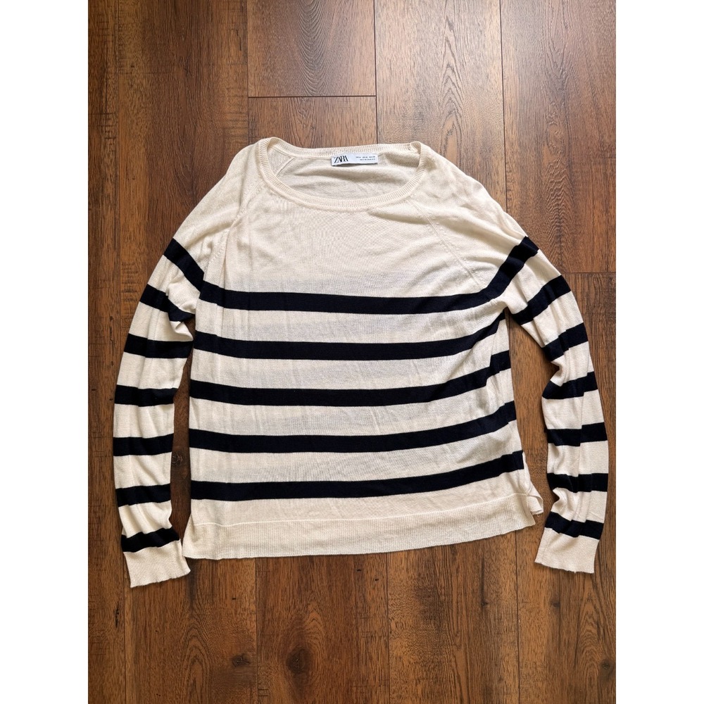 Zara Women's Medium Ivory Black Striped Lightweight Knit Sweater Sheer